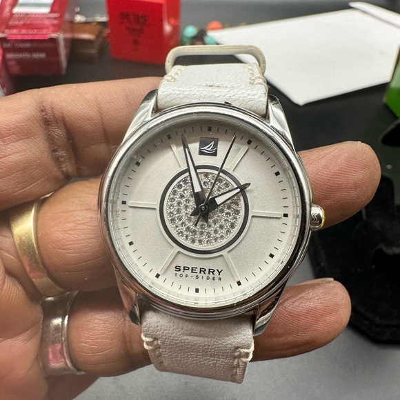 Sperry Topsider White Leather Diamond Dust Watch Preowned